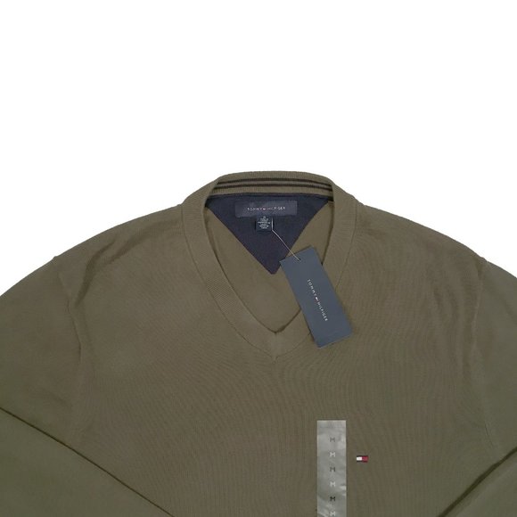 NEW Tommy Hilfiger Sweater!  Mossy Olive Green  V Neck  Tommy Flag on Chest - Picture 2 of 2